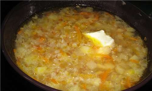 Zuppa di cavolo fresco Alesandrovskie in una pentola a cottura lenta