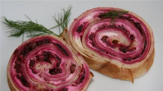 Pancake roll with walnut and beetroot filling