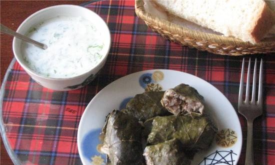 Tolma - stuffed cabbage rolls with meat and rice in grape leaves