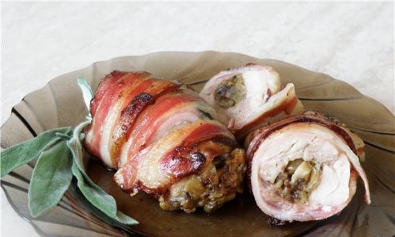 Chicken legs wrapped in bacon