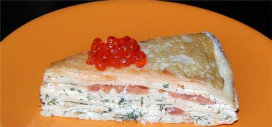 Pancake cake with salmon