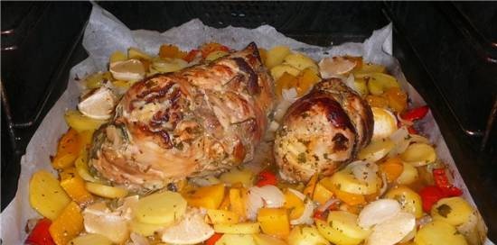 Baked pork with pumpkin, saffron and rosemary.