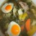 Green cabbage soup with sorrel, spinach and fried eggs (Cuckoo 1054)
