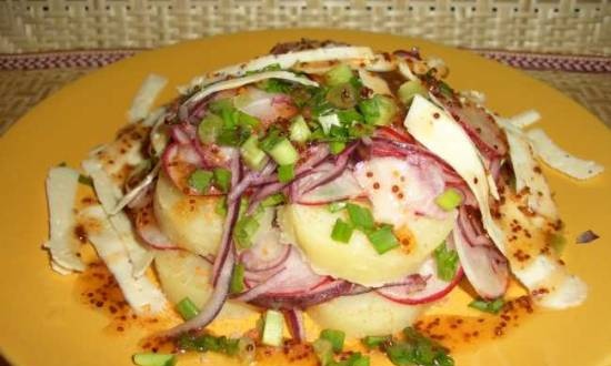 Potato salad with radish, cheese, red flounder caviar