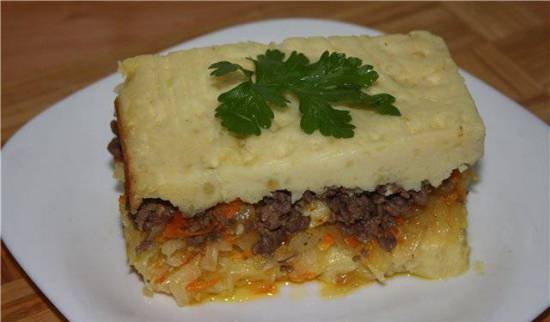 Potato casserole with cabbage and minced meat