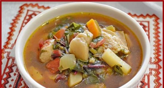 Cabbage soup with porcini mushrooms and beet tops