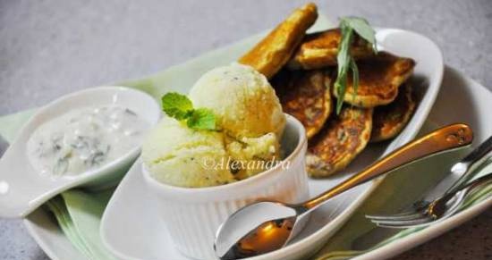 Green collection: Duet Ice cream kiwi - cucumber with lime, tarragon and mint; Zucchini pancakes with green onions