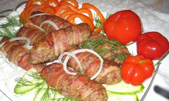 Bulgarian sausages in bacon