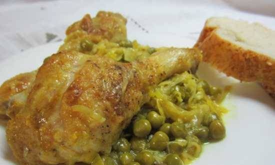 Chicken stew with leeks and green peas