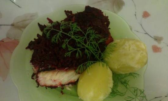 Fish with beetroot and vegetable caviar