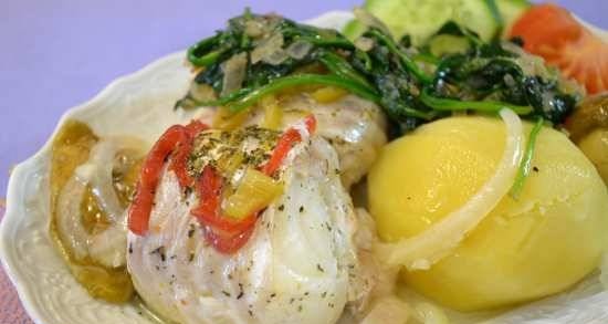 Steamed cod in white wine and boiled potatoes with spinach (two in one) in Oursson pressure cooker