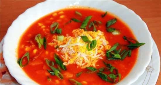 Tomato soup with corn and smoked meats