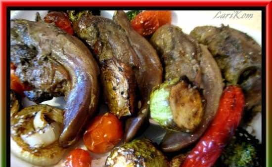 Smoked tongues marinated in beer with grilled vegetables from an air fryer