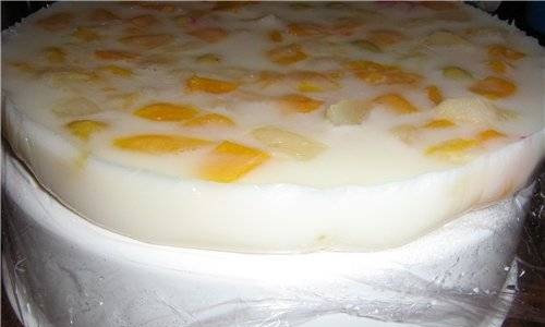 Layer for a cake based on dry vegetable cream with canned fruit salad filling