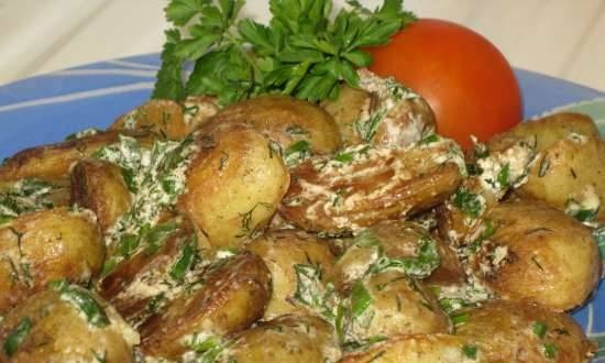 Young potatoes in sour cream with herbs