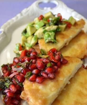 Fried young cheese with avocado and pomegranate salsa