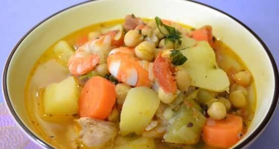 Thick chicken soup with chickpeas and shrimps in a multicooker Redmond RMC-01