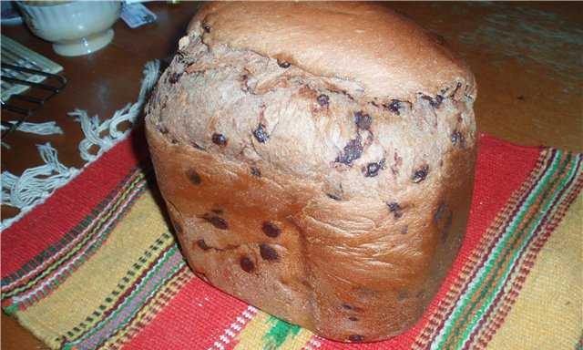 Chocolate bread with drops (pieces of chocolate) in a bread maker