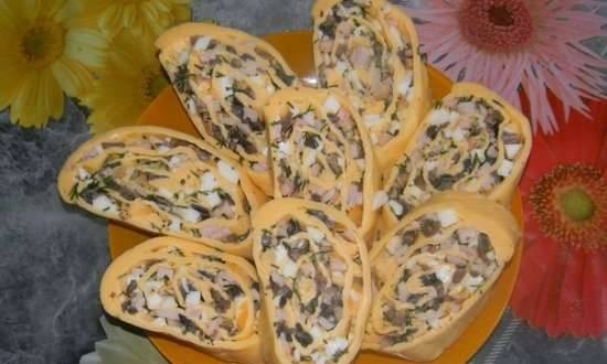 Cheese roll with ham and mushrooms