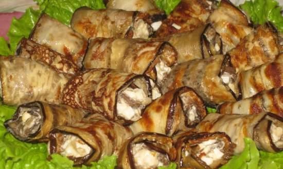 Eggplant rolls with mushrooms in pancake breading