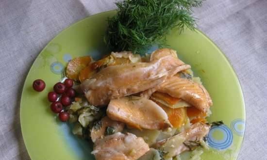 Vis met groenten, gebakken in de "hoes" in een multikoker Redmond RMC-M70