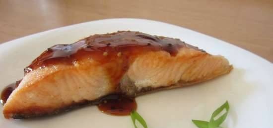 Fried salmon with soy-mustard glaze