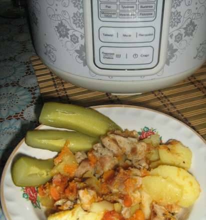 בשר פיקנטי עם ירקות מתחת לגבינה במולטי קוקר Panasonic SR-TMH 18