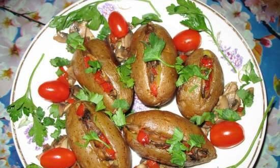 Baked potatoes stuffed with mushrooms and peppers