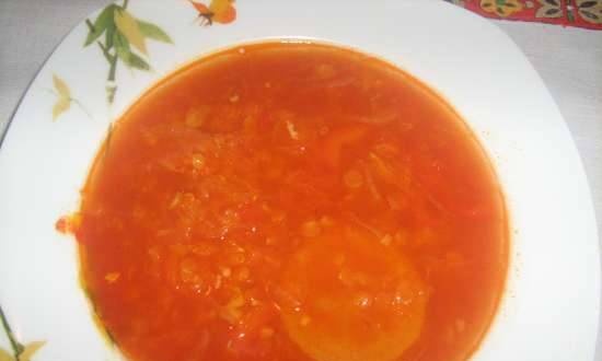 Zuppa di pomodoro con lenticchie rosse in un multicooker Redmond RMC-01
