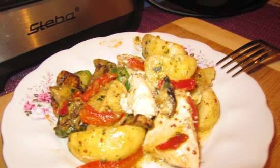 Chicken breasts in sour cream-mustard sauce with vegetables in a slow cooker