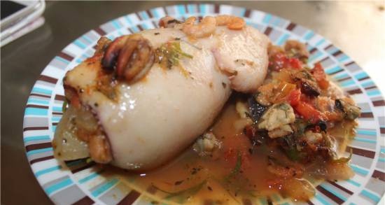 Squid stuffed with seafood