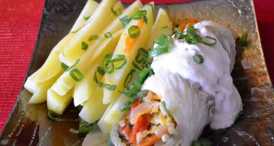 Cod rolls stuffed with vegetables (in a double boiler)