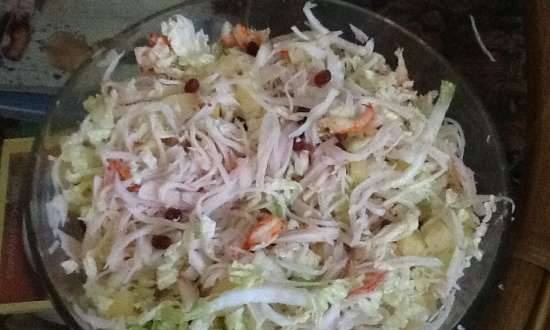 Light salad with crab sticks, pineapple and pomegranate
