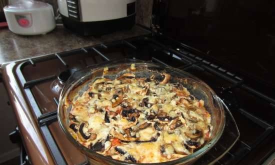Eggplant casserole with a cheese and mushroom crust