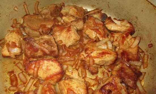 Pork with onions, fried in a pan