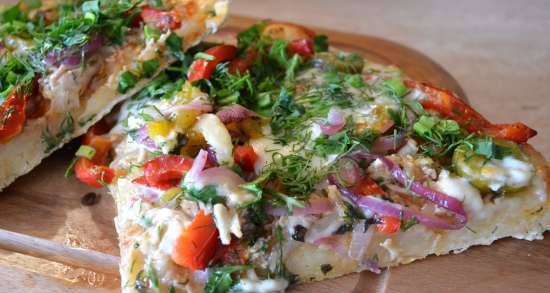 Pizza with "budget chicken", pickled vegetables