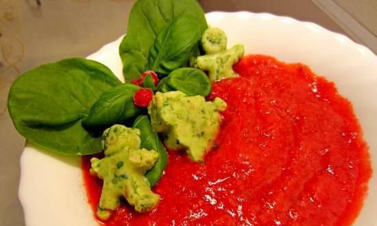 Cold red currant soup with tomato and avocado-spinach ice
