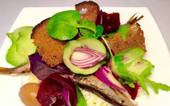 Baked beetroot salad with sprats and pickled eggs