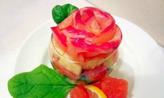 Salmon and grapefruit appetizer with vegetables Fresh rose