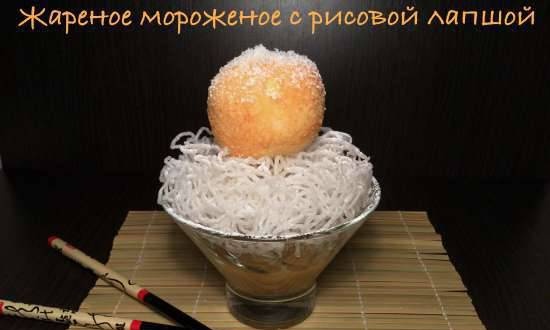 Fried ice cream with rice noodles and passionfruit sauce
