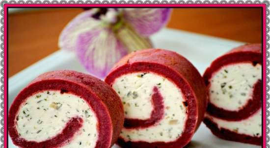 Beetroot rolls with curd cheese