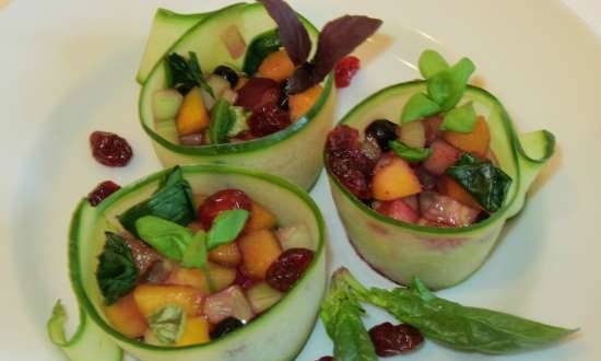 Summer spinach and peach snack with blueberries