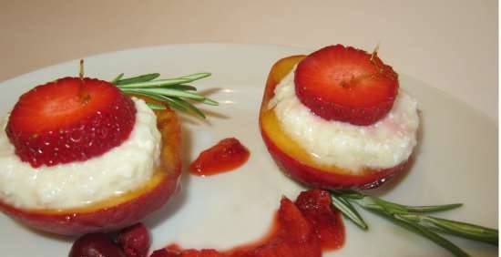 Caramelized peaches stuffed with coconut rice and rosemary