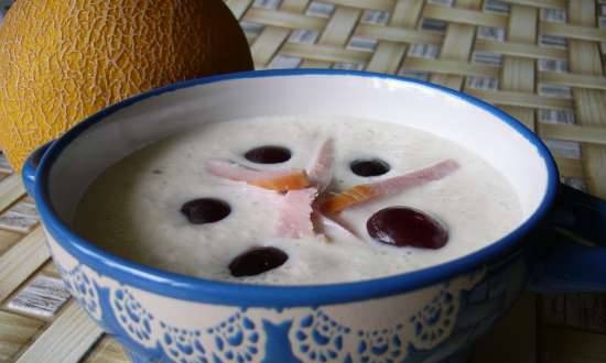 Cold melon soup with ham and olives