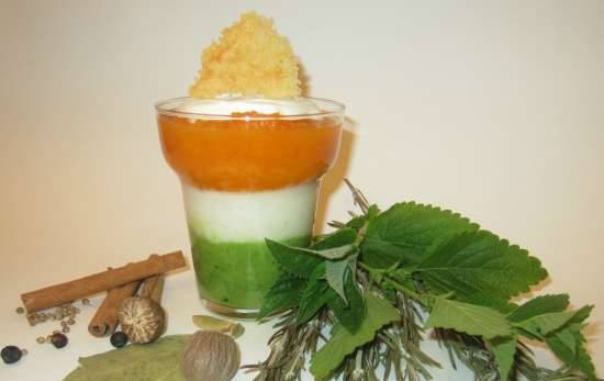 Cream soup “Multicolored Aroma” with ice cream and cheese chips. Herbs and vegetables