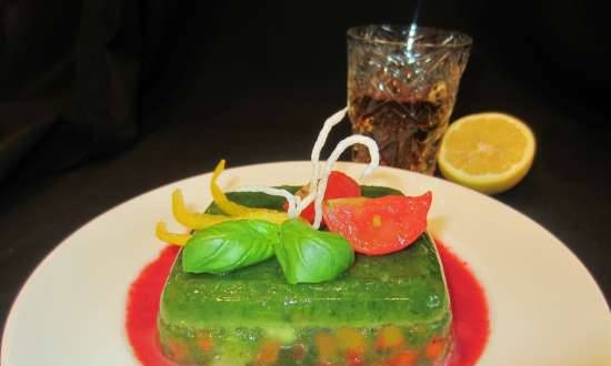 Jellied cod with spinach and bell peppers with sweet and sour sauce