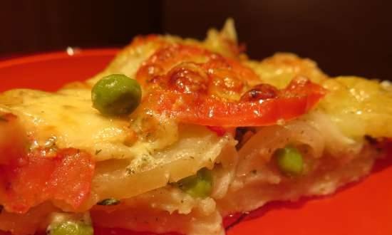 Zapiekanka ziemniaczana w sosie czosnkowym, z zielonym groszkiem i pomidorami, w pizzerii Princess
