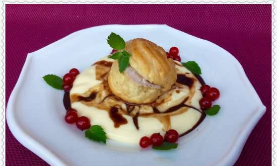 Profiteroles with chocolate ice cream on vanilla cream - the impeccable taste of French classics