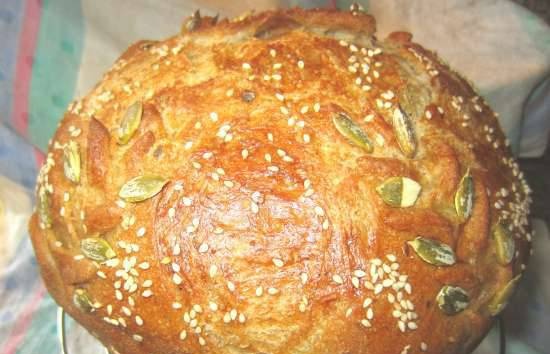 לחם משלושה סוגי קמח על מרק גדילן עם מלח כרוב על בצק מעורב עם בצק ישן (תנור)