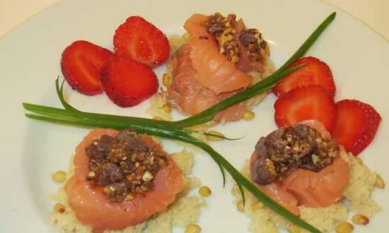 Trout and roasted nuts appetizer in bread crumbs